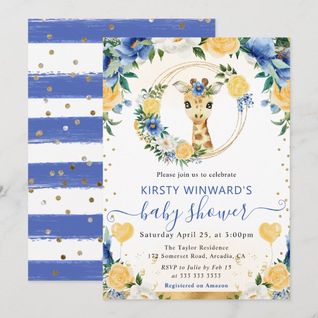 Invitation Aquarelle Fête de Naissance Douce Girafe de la Jun (Devant / Derrière)