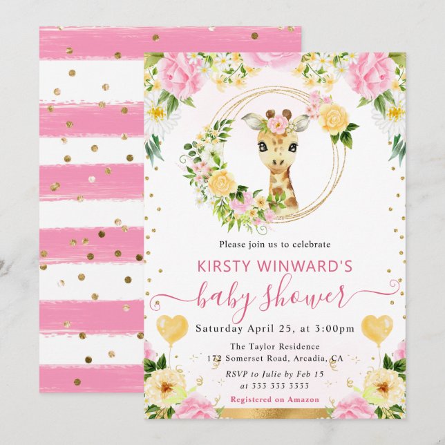 Invitation Aquarelle Fête de Naissance Douce Girafe de la Jun (Devant / Derrière)