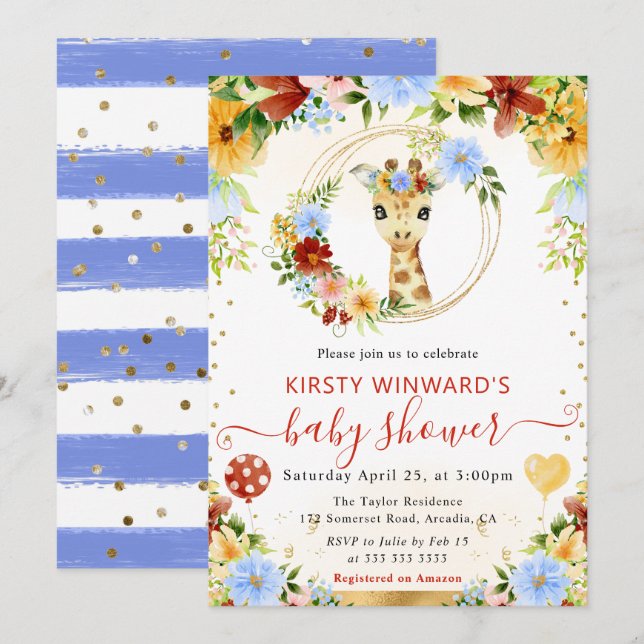 Invitation Aquarelle Fête de Naissance Girafe Mignonne Jungle (Devant / Derrière)