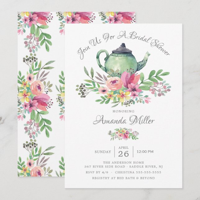 Invitation Aquarelle Fête des mariées de théière Florale (Devant / Derrière)