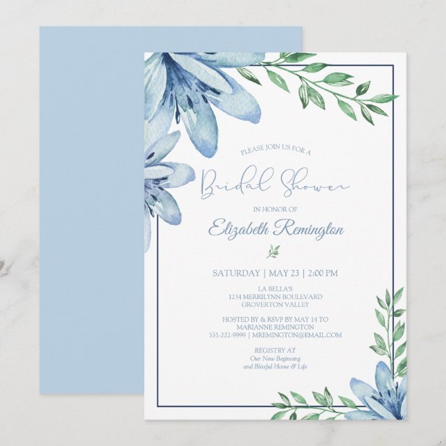 Invitation Aquarelle Fête des mariées Floral bleu (Devant / Derrière)