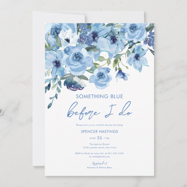 Invitation Aquarelle Fête des mariées florale bleu foncé (Devant)