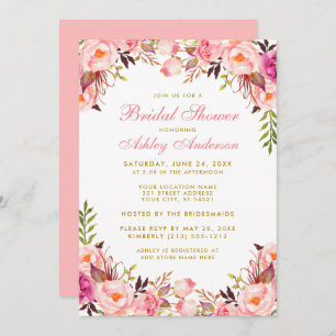 Invitation Aquarelle Fête des mariées florale rose et or