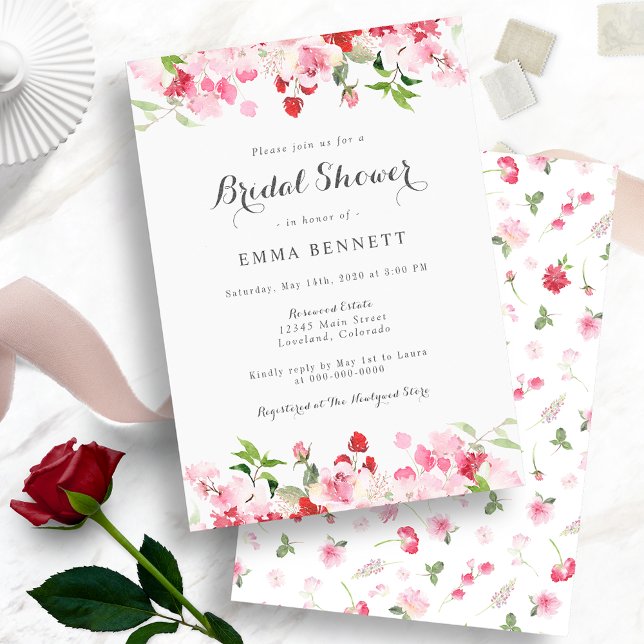 Invitation Aquarelle Fête des mariées florale rose rouge (Watercolor Red and Pink Floral Bridal Shower Invitations)