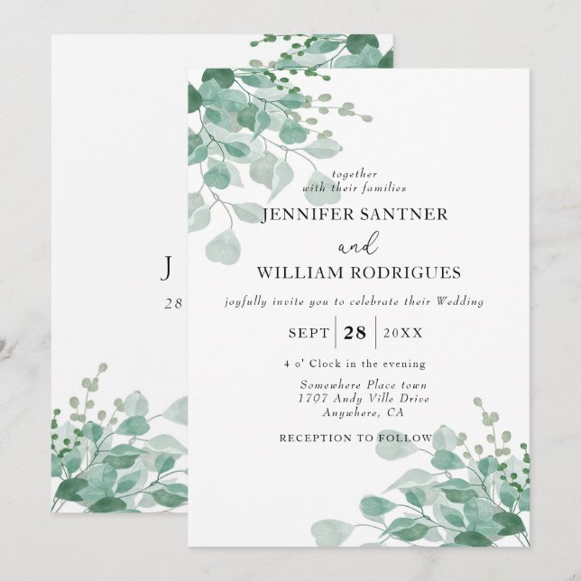 Invitation Aquarelle feuillage floral eucalyptus vert mariage (Devant / Derrière)
