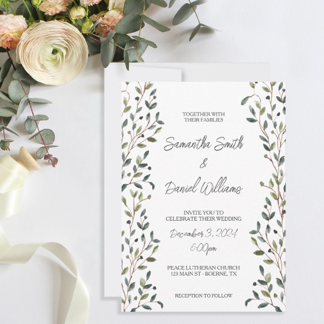 Invitation Aquarelle Feuille Mariage de verdure (A simple but pretty botanical themed wedding invitation.)