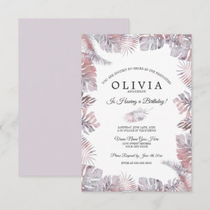 Invitation Aquarelle Feuille tropicale Anniversaire Mauve Ros