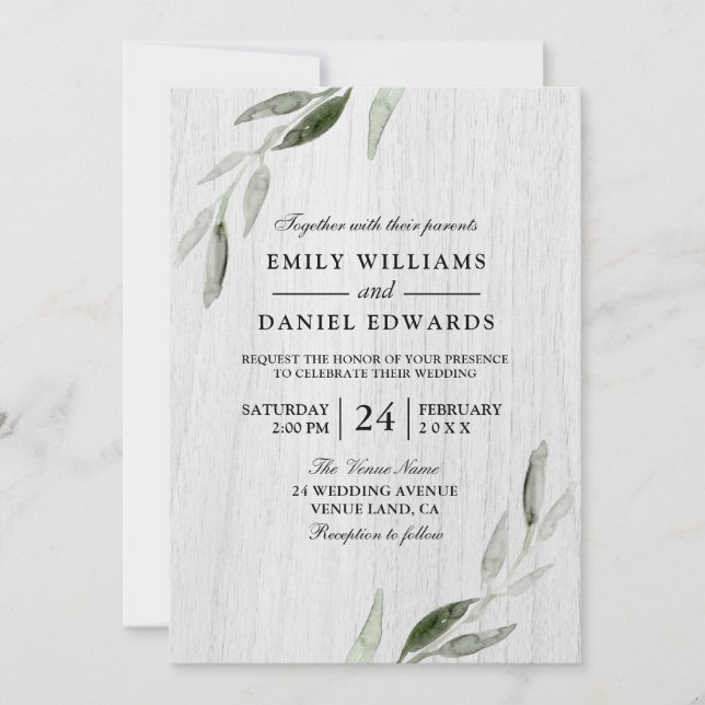 Invitation Aquarelle Feuille verte Blanc Rustique Mariage Inv (Devant)