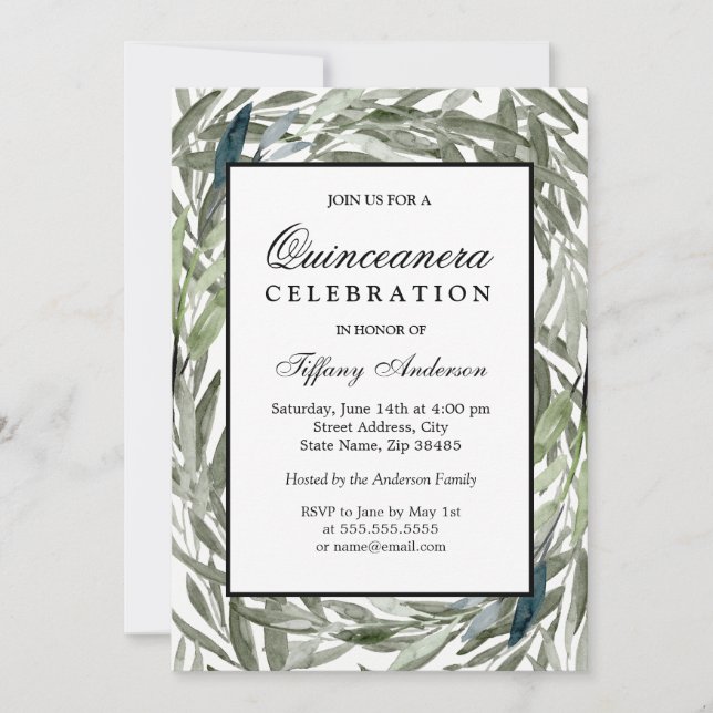 Invitation Aquarelle Feuille verte Bordure Quinceanera Invita (Devant)