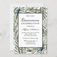 Aquarelle Feuille verte Bordure Quinceanera Invita