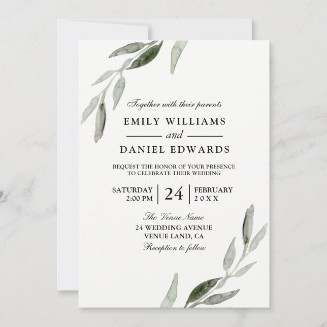 Invitation Aquarelle Feuille verte Mariage moderne Inviter (Devant)