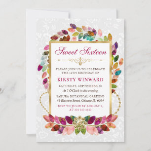 Invitation Aquarelle Feuilles Colorées & Or Feuille Sweet 16