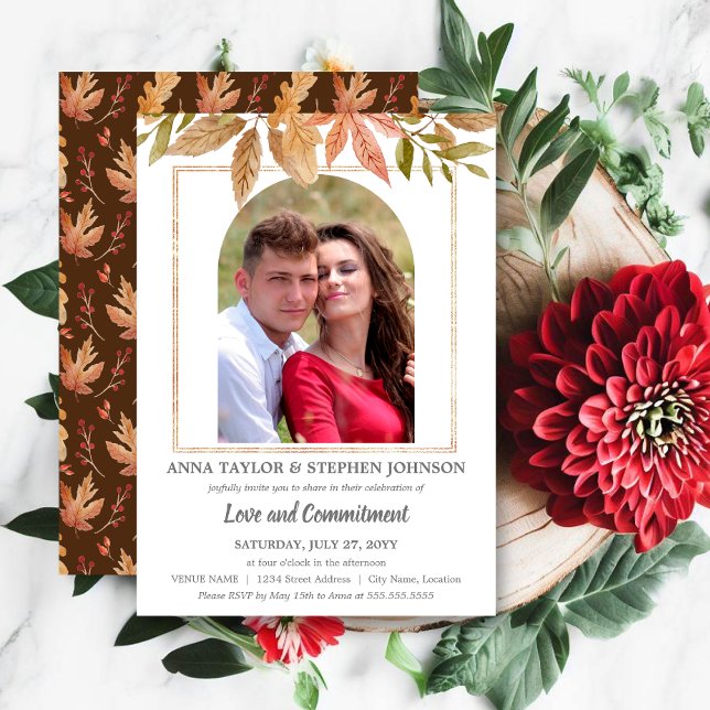 Invitation Aquarelle Feuilles d'Automne & Cérémonie d'Engagem (Elegant watercolor autumn leaves and photo commitment ceremony invitation front and back.)