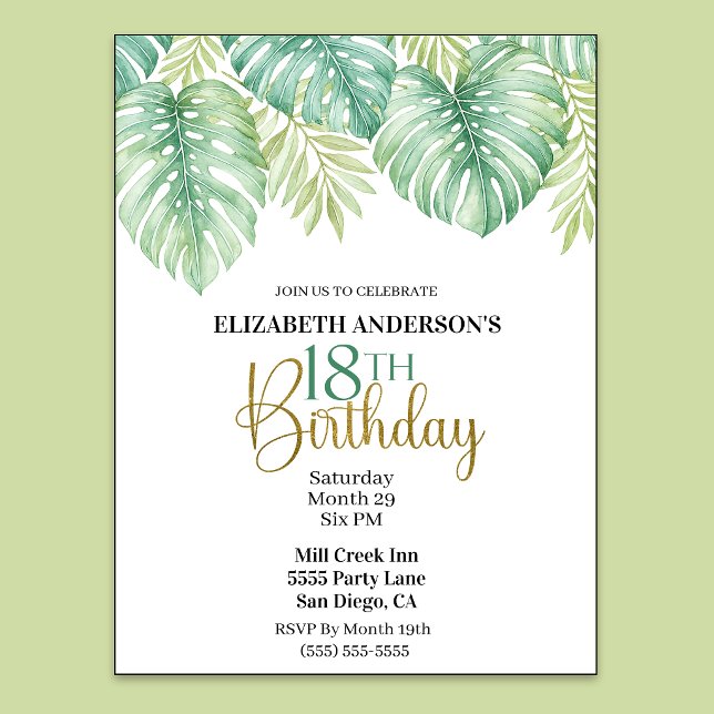 Invitation Aquarelle Feuilles Tropicales 18e Anniversaire (Watercolor Tropical Leaves 18th Birthday Invitation For Women.)