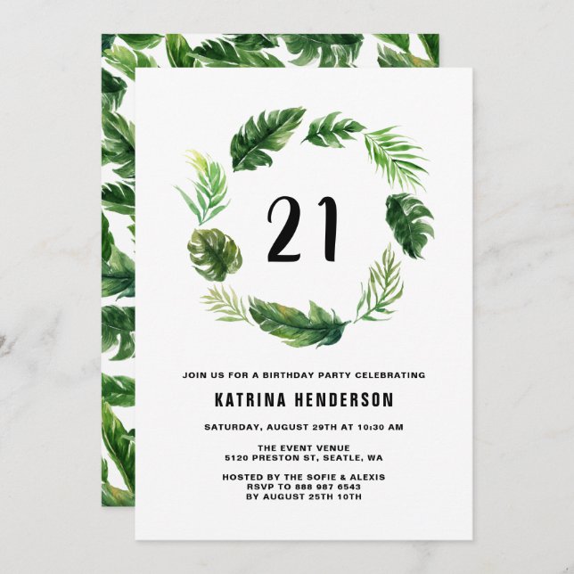 Invitation Aquarelle Feuilles tropicaux Wreath été Anniversai (Devant / Derrière)