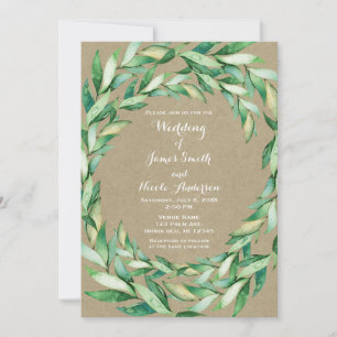 Invitation Aquarelle Feuilles Vertes Mariage Rustique Kraft