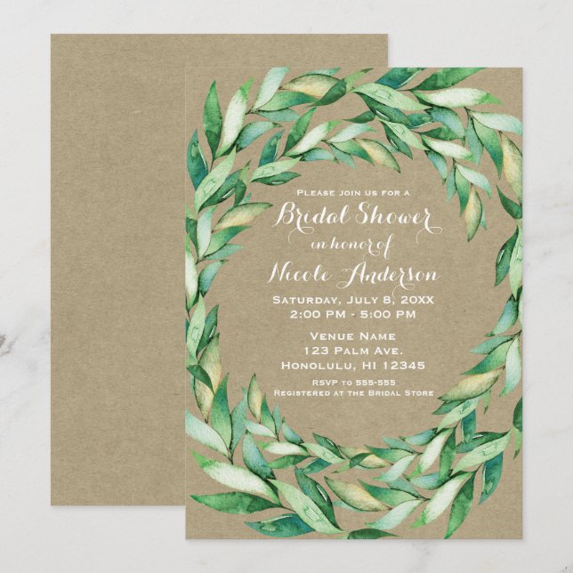 Invitation Aquarelle Feuilles Vertes Mariage Rustique Kraft (Devant / Derrière)