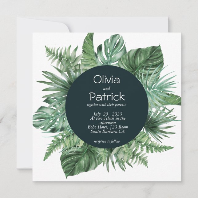 Invitation aquarelle feuilles vertes tropicales ju (Devant)