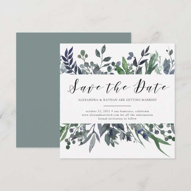 Invitation Aquarelle Feuillue | Économisez la Date de Mariage (Devant / Derrière)