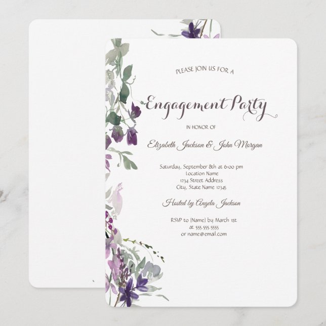 Invitation Aquarelle Fiançailles à la Violette Sauvage (Devant / Derrière)