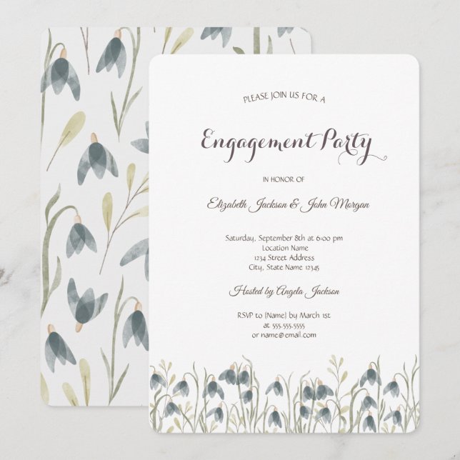 Invitation Aquarelle Fiançailles perce-neige Fleur Sauvage (Devant / Derrière)
