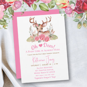 Invitation Aquarelle fille Cerf mignonne Baby shower floral