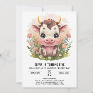 Invitation Aquarelle fille jolie vache Anniversaire