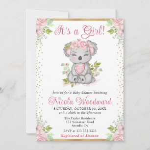 Invitation Aquarelle Fille Koala Fleurie Mignonne Baby Shower