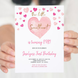 Invitation Aquarelle fille rose premier anniversaire Coeur