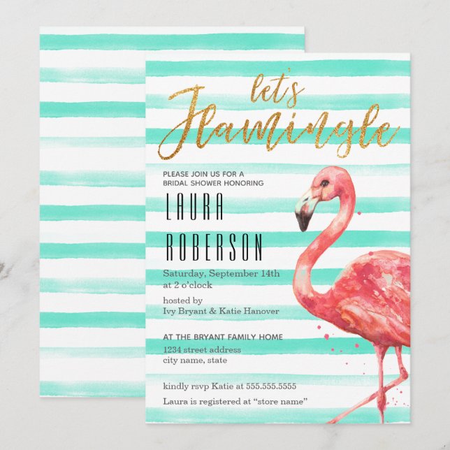 Invitation Aquarelle Flamingle Mint Stripes | FÊTE DES MARIÉE (Devant / Derrière)