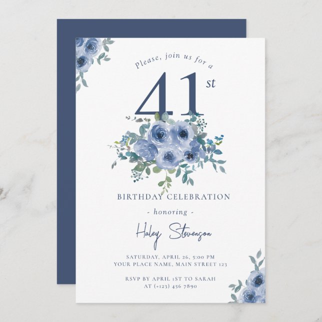 Invitation Aquarelle Fleur Bleu Poussiéreux 41e Anniversaire  (Devant / Derrière)
