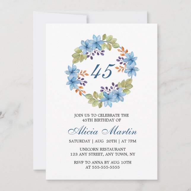 Invitation Aquarelle Fleur Bleue Verdure Anniversaire Tout Âg (Devant)