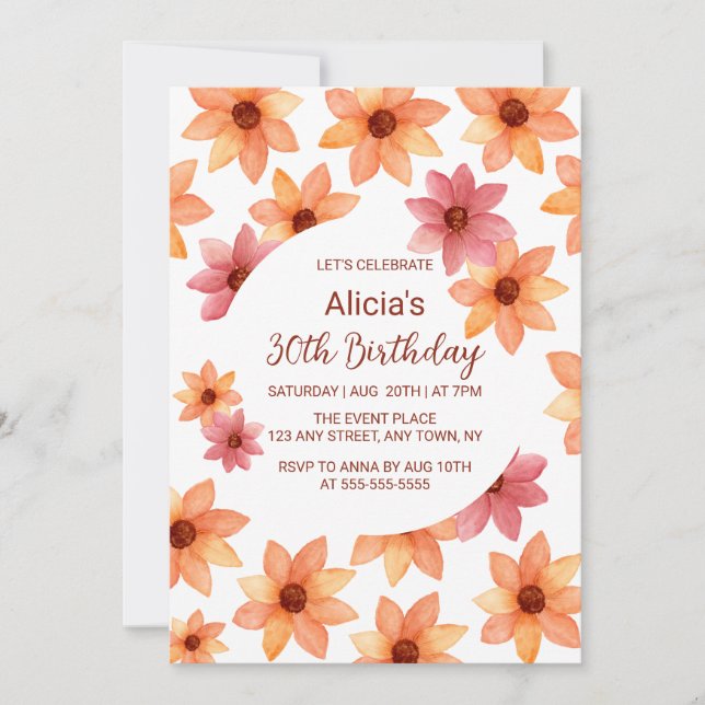 Invitation Aquarelle Fleur d'automne N'importe quel âge Anniv (Devant)