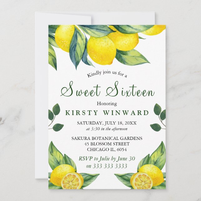 Invitation Aquarelle Fleur de Citron Douce 16 (Devant)