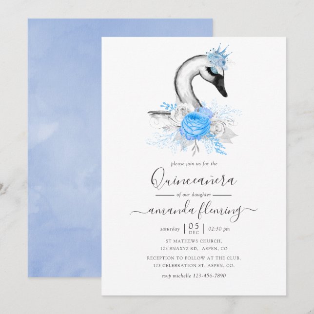 Invitation Aquarelle Fleur de Cygne Quinceañera (Devant / Derrière)