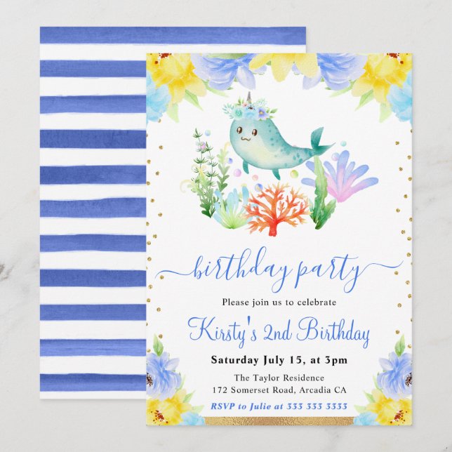 Invitation Aquarelle Fleur Narval Anniversaire Sous-Marin (Devant / Derrière)