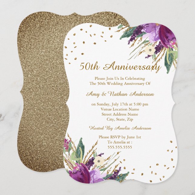 Invitation Aquarelle Fleur Or Violet 50e Anniversaire (Devant / Derrière)