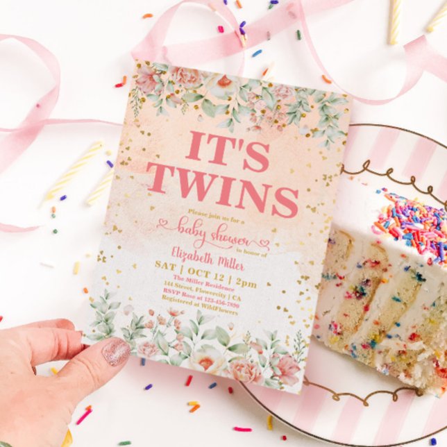 Invitation Aquarelle Fleur rose Fleur Baby shower Twin Girl (Créateur téléchargé)