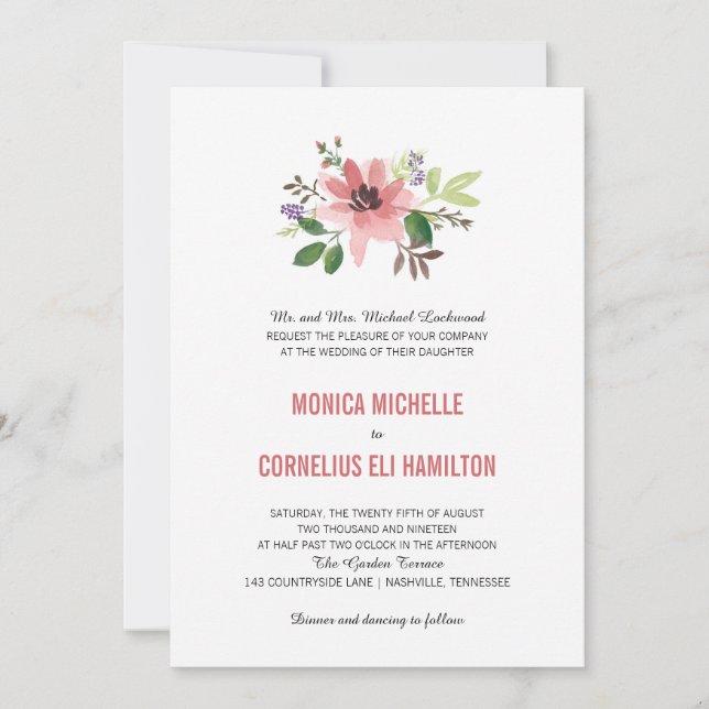 Invitation Aquarelle Fleur rose | MARIAGE (Devant)