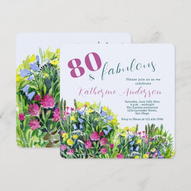 Invitation Aquarelle Fleur Sauvage – 80 ans et Incroyable Ann (Devant / Derrière)