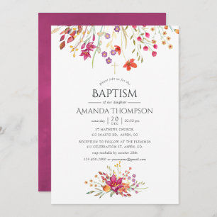 Invitation Aquarelle Fleur sauvage Baptême ou Christening