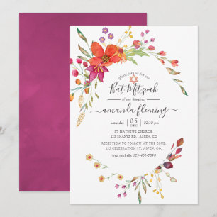 Invitation Aquarelle Fleur Sauvage Bar Mitzvah Chauve-souris
