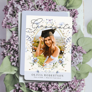 Invitation Aquarelle fleur sauvage Bleu Floral Photo Graduati