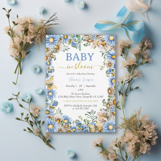 Invitation Aquarelle Fleur sauvage Bleu Rustique Baby shower