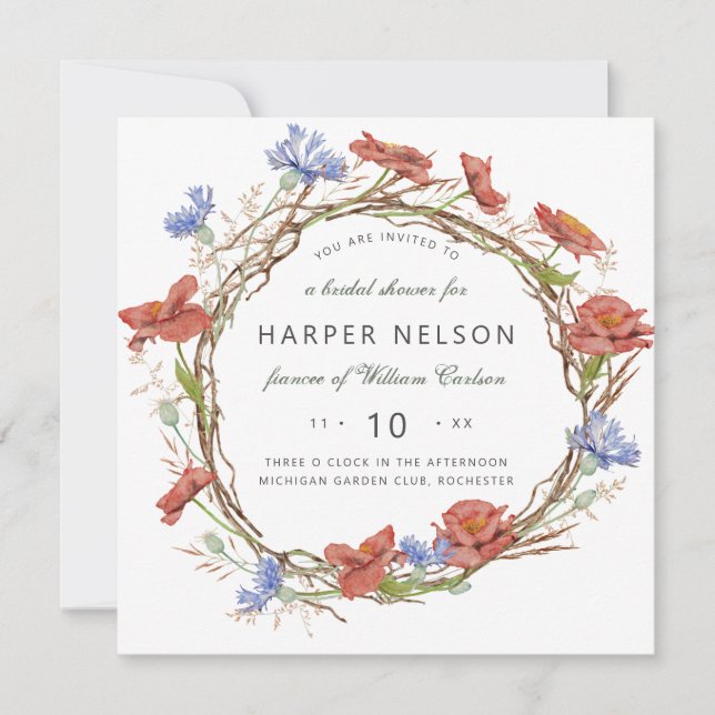 Invitation Aquarelle fleur sauvage couronne douche nuptiale (Devant)