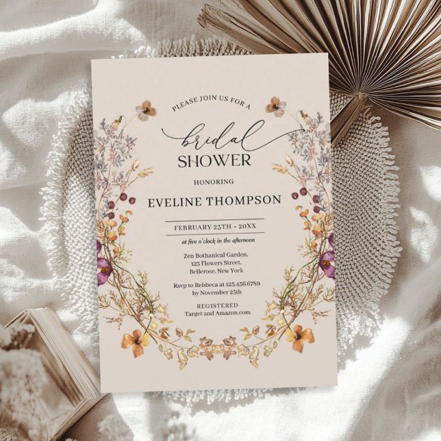Invitation Aquarelle fleur sauvage couronne mauve orange (Watercolor wildflowers wreath mauve orange invitation)