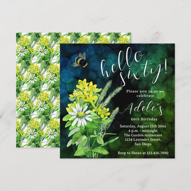 Invitation Aquarelle fleur sauvage de 60 ans (Devant / Derrière)
