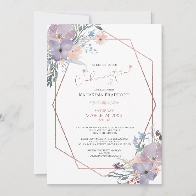 Invitation Aquarelle Fleur sauvage Dusty Blue Confirmation (Devant)