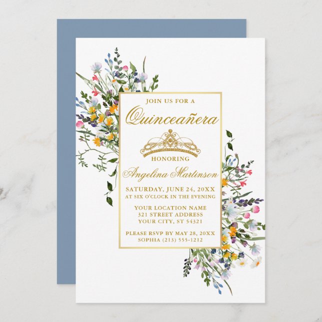 Invitation Aquarelle Fleur sauvage Dusty Blue Quinceanera (Devant / Derrière)