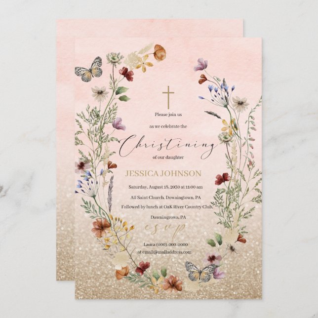 Invitation Aquarelle fleur sauvage et papillon Rejoignez-nous (Devant / Derrière)